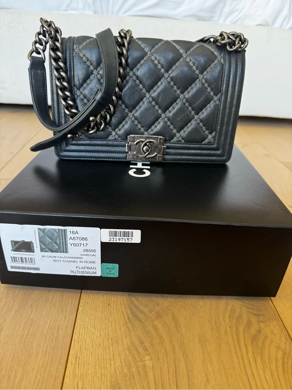 Chanel Boy Bag Medium Flap - 16A Charcoal Calfskin with Ruthenium Hardware